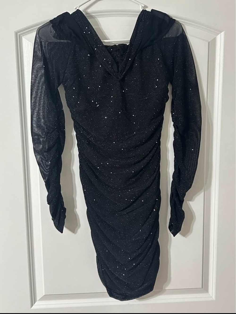 Black Sparkle Ruched Long-Sleeve Off the Shoulder Dress